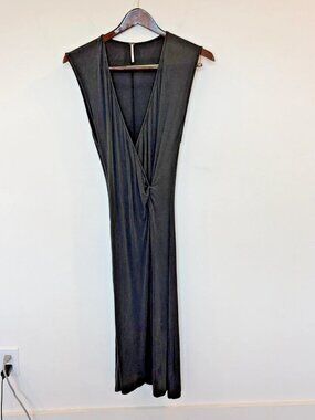 Free People Sleeveless Black Maxi Dress S Deep V Side Slit Faux Wrap Minimalist